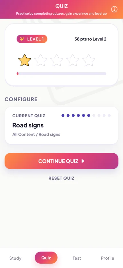 Quiz setup screen