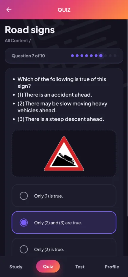Quiz question in dark mode